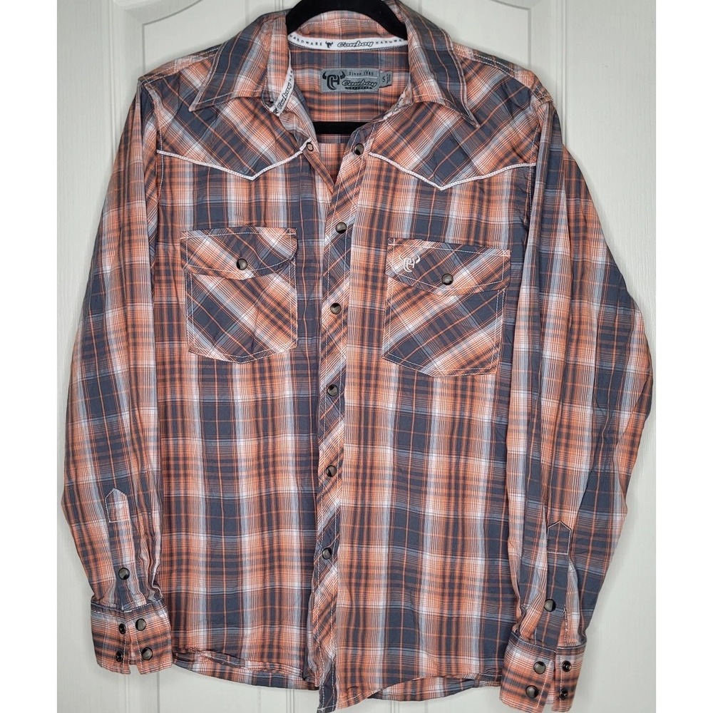 Cowboy Hardware Men's Plaid Snap Button-Up Shirt Orange Gray White S Long Sleeve